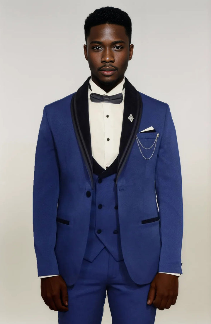 3 Piece Trim Detailed Self-Patterned Velvet Shawl Collar Royal Blue Men's Tuxedo - Wessi