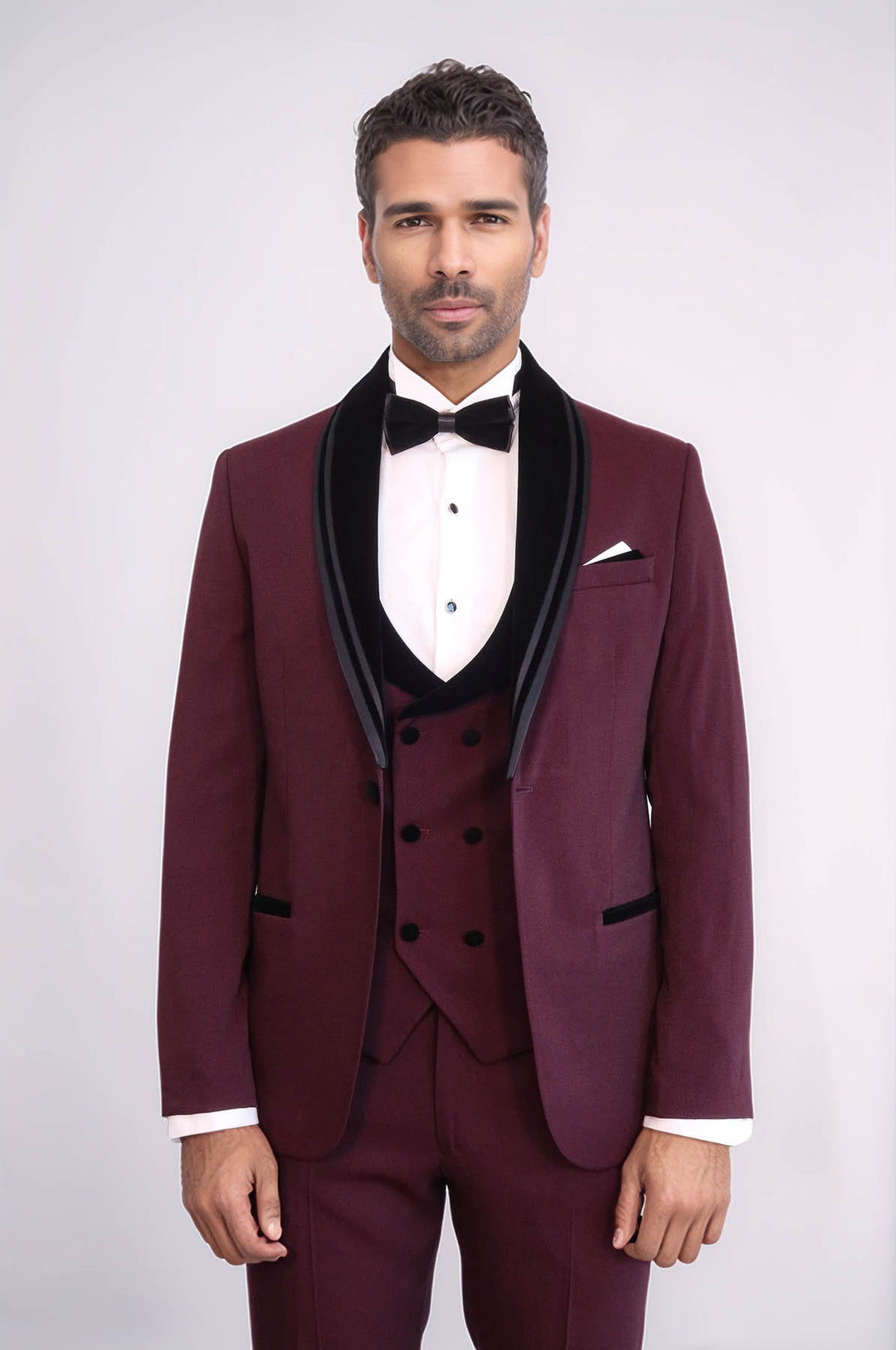 3 Piece Trim Detailed Self-Patterned Velvet Shawl Collar Burgundy Men's Tuxedo - Wessi