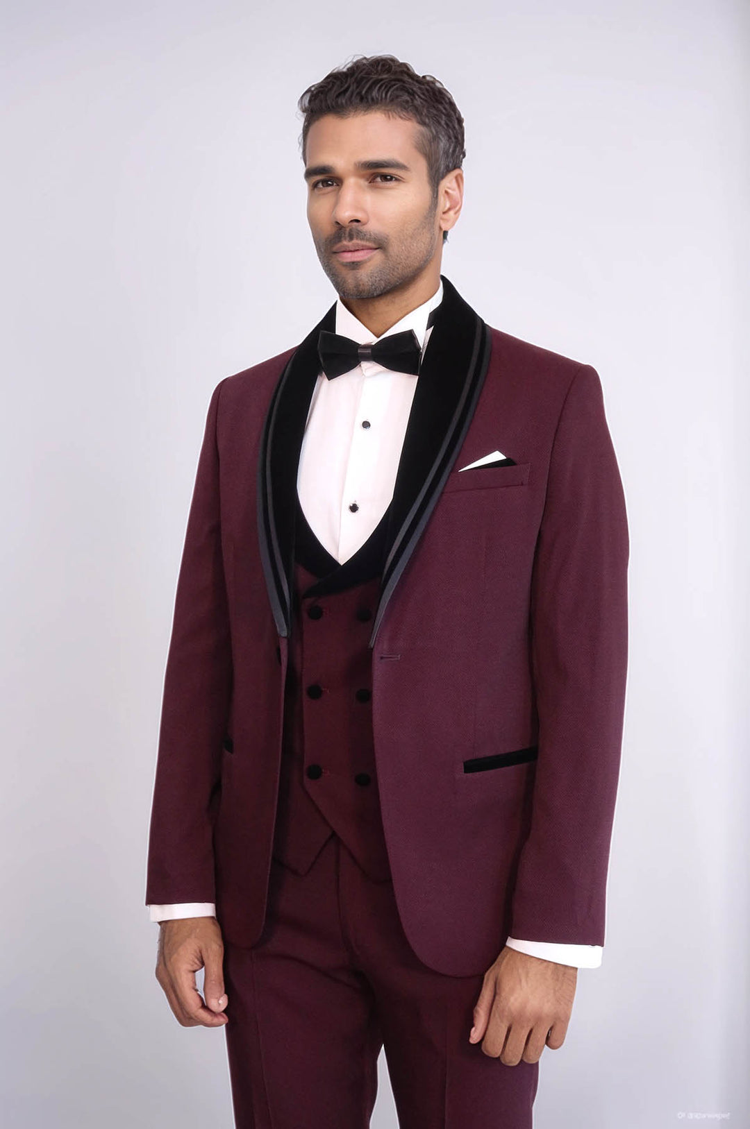 3 Piece Trim Detailed Self-Patterned Velvet Shawl Collar Burgundy Men's Tuxedo - Wessi