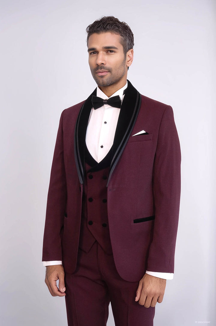 3 Piece Trim Detailed Self-Patterned Velvet Shawl Collar Burgundy Men's Tuxedo - Wessi