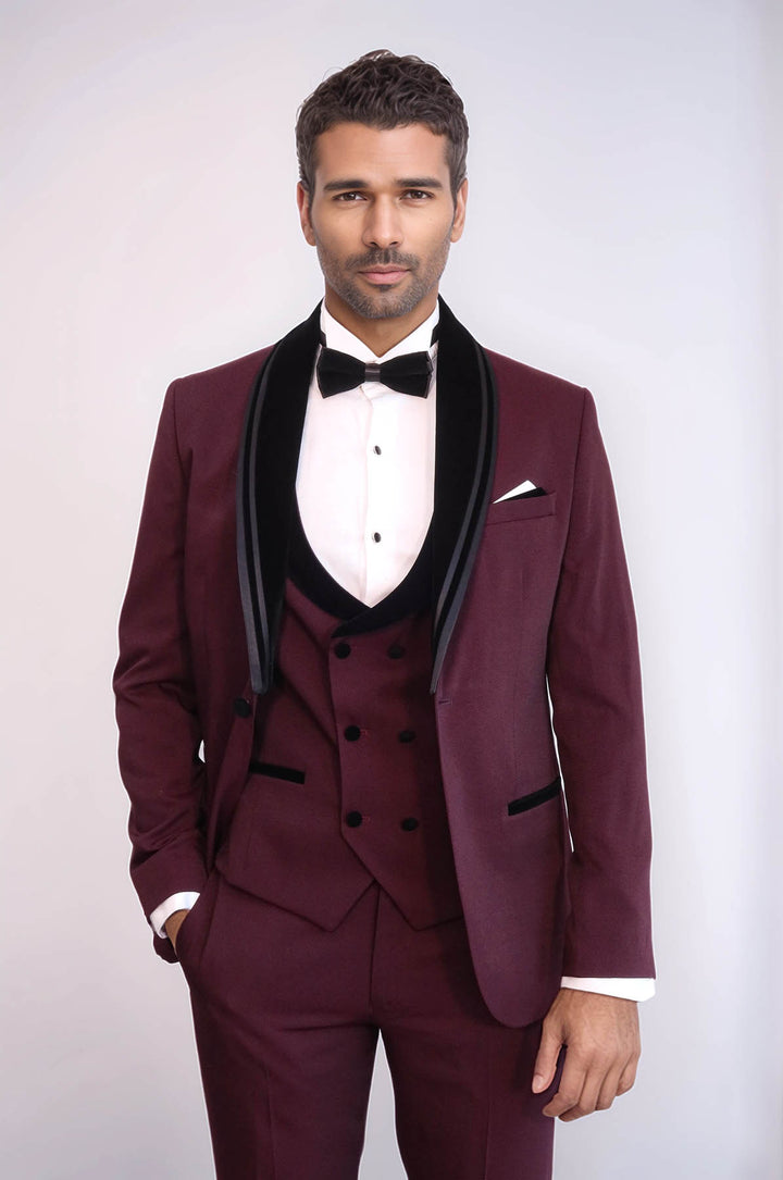 3 Piece Trim Detailed Self-Patterned Velvet Shawl Collar Burgundy Men's Tuxedo - Wessi