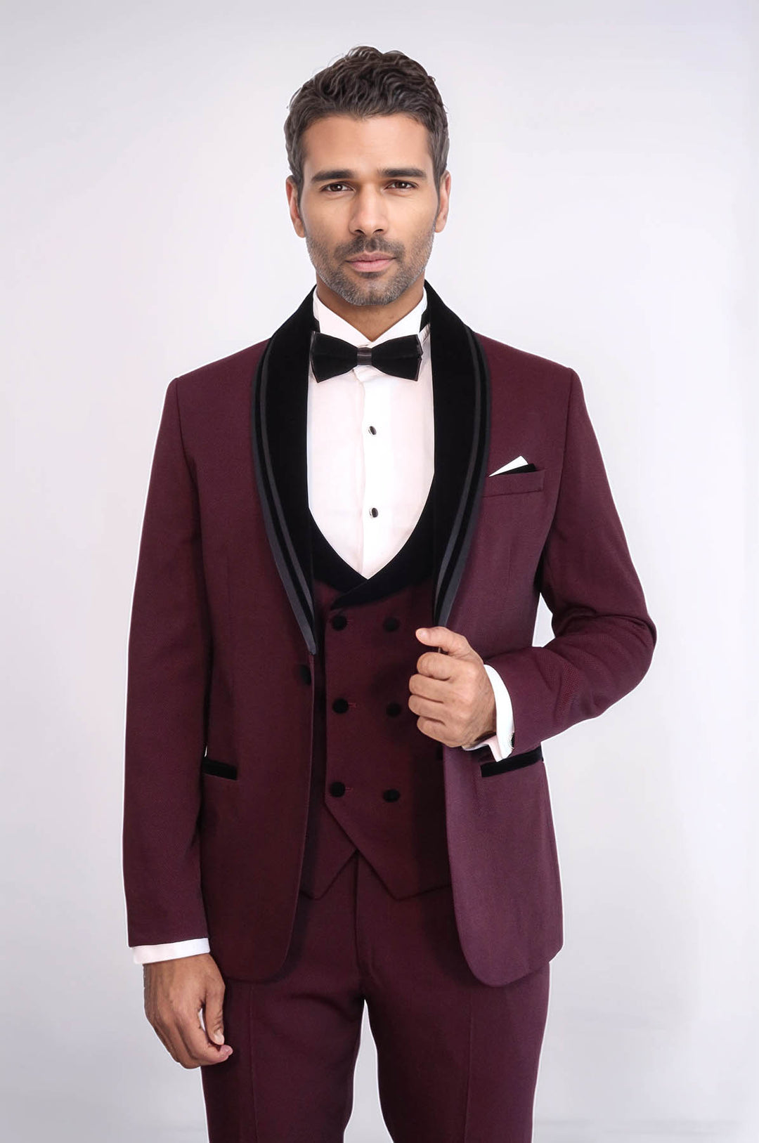 3 Piece Trim Detailed Self-Patterned Velvet Shawl Collar Burgundy Men's Tuxedo - Wessi