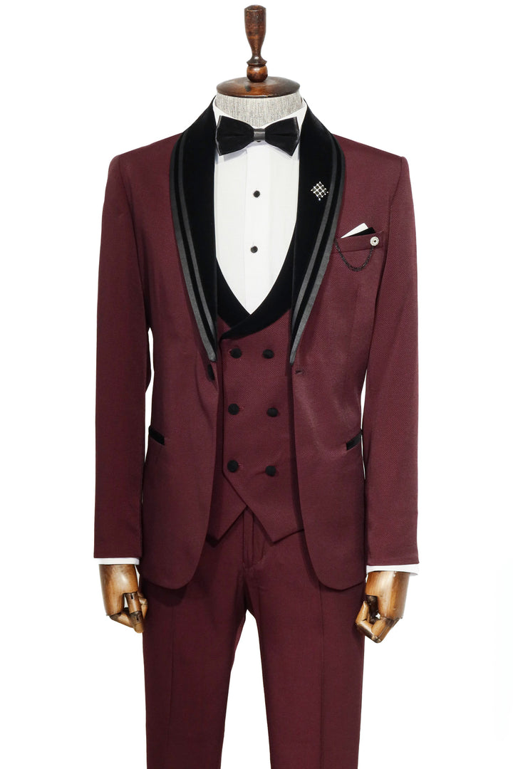 3 Piece Trim Detailed Self-Patterned Velvet Shawl Collar Burgundy Men's Tuxedo - Wessi