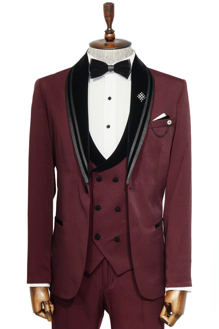 3 Piece Trim Detailed Self-Patterned Velvet Shawl Collar Burgundy Men's Tuxedo - Wessi