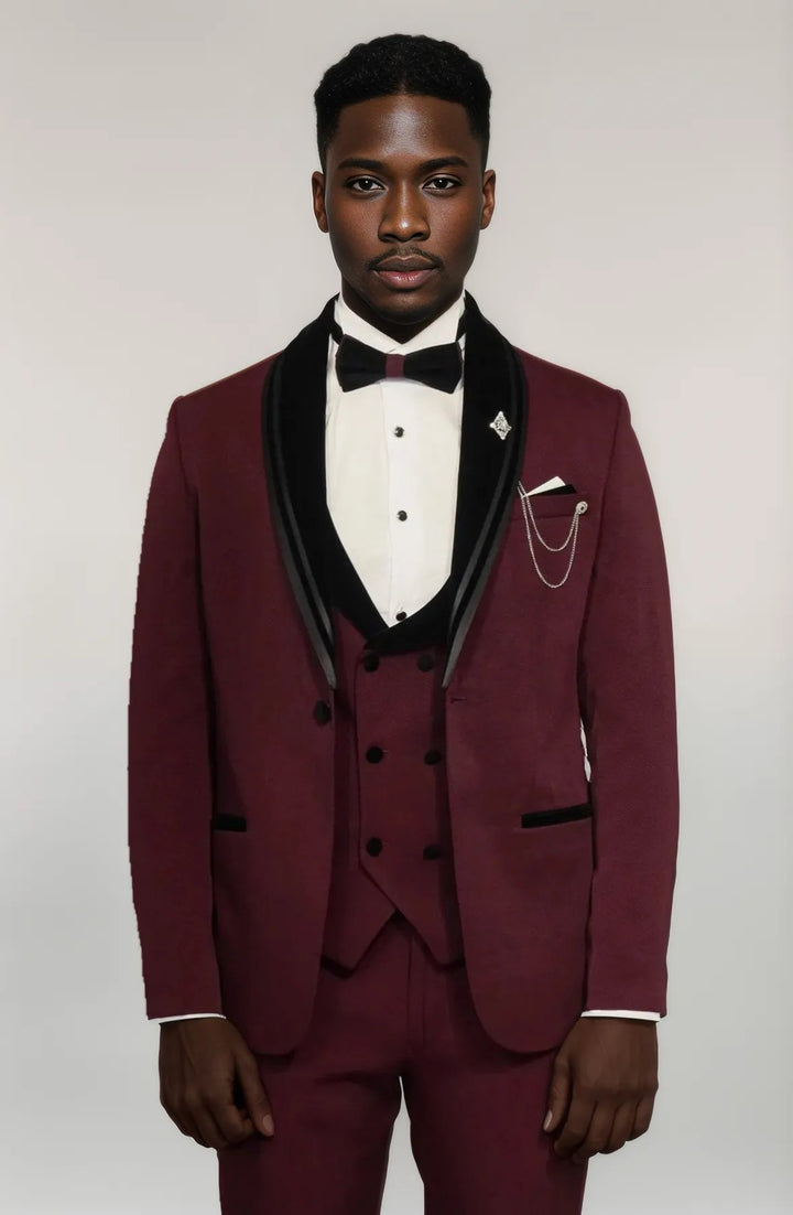 3 Piece Trim Detailed Self-Patterned Velvet Shawl Collar Burgundy Men's Tuxedo - Wessi