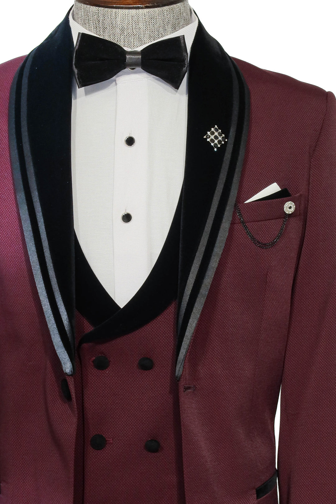 3 Piece Trim Detailed Self-Patterned Velvet Shawl Collar Burgundy Men's Tuxedo - Wessi