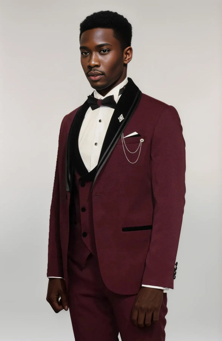 3 Piece Trim Detailed Self-Patterned Velvet Shawl Collar Burgundy Men's Tuxedo - Wessi