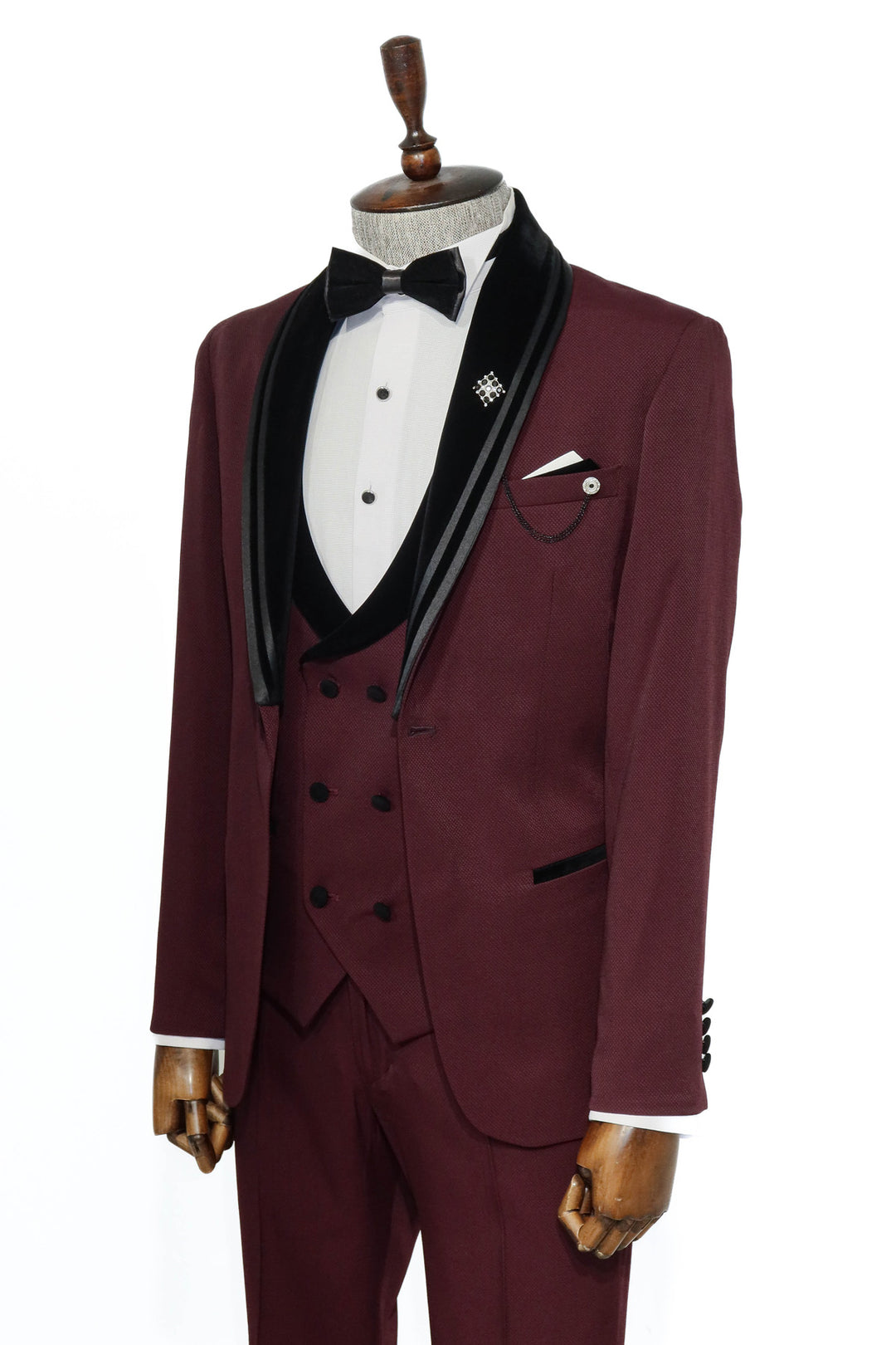 3 Piece Trim Detailed Self-Patterned Velvet Shawl Collar Burgundy Men's Tuxedo - Wessi