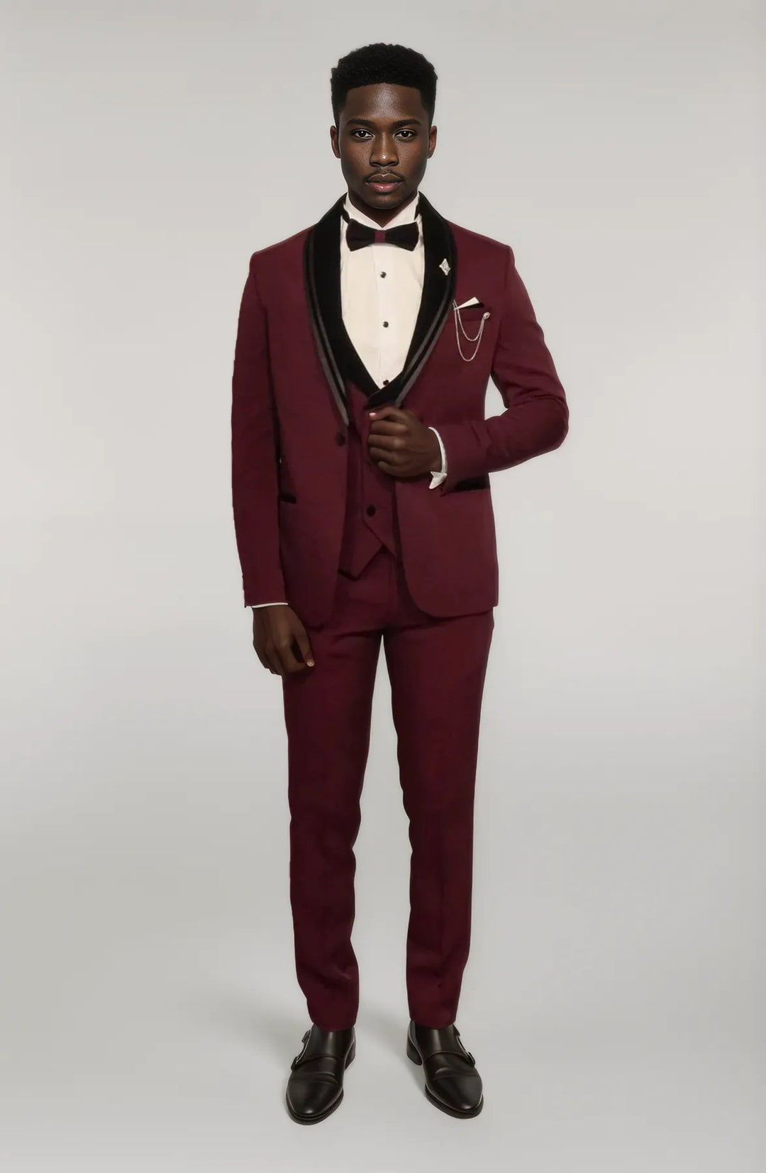 3 Piece Trim Detailed Self-Patterned Velvet Shawl Collar Burgundy Men's Tuxedo - Wessi