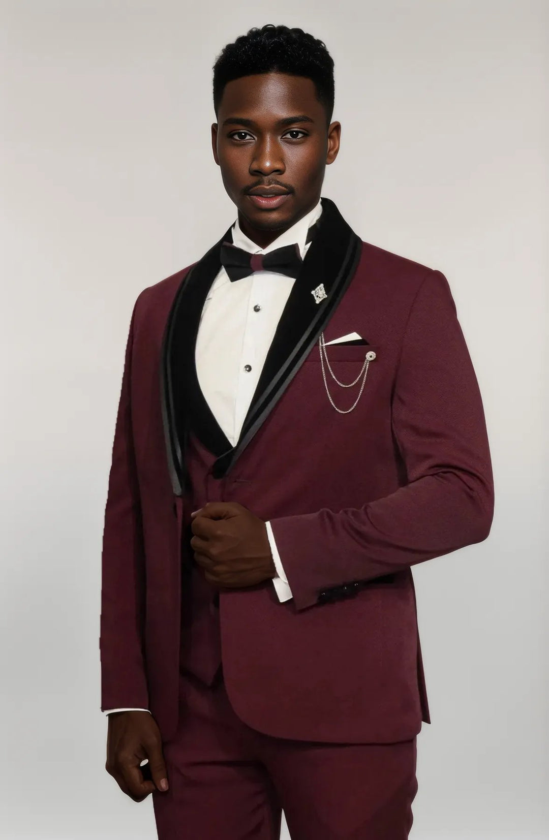 3 Piece Trim Detailed Self-Patterned Velvet Shawl Collar Burgundy Men's Tuxedo - Wessi