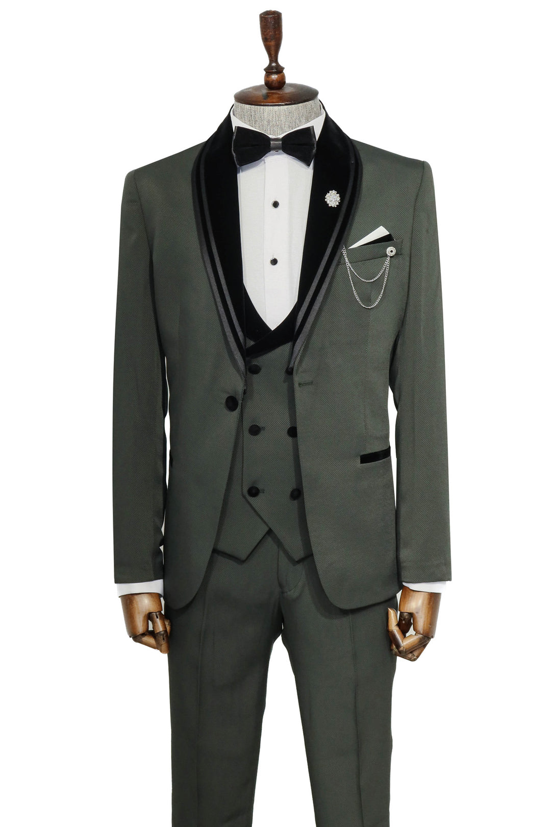 3 Piece Trim Detailed Self-Patterned Velvet Shawl Collar Khaki Men's Tuxedo - Wessi