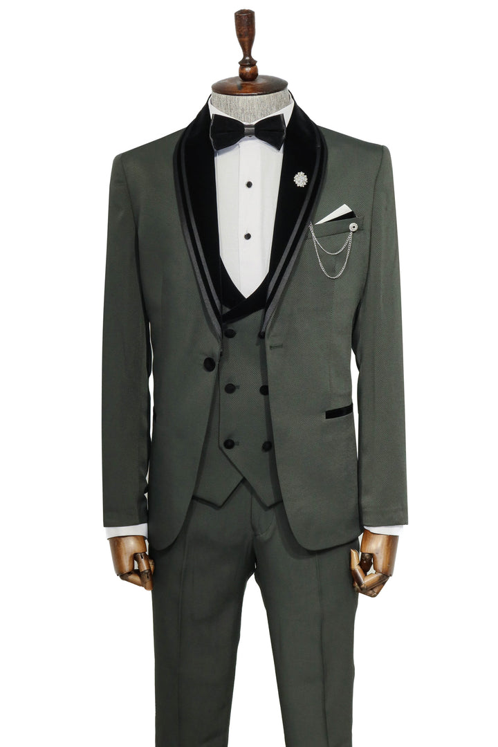 3 Piece Trim Detailed Self-Patterned Velvet Shawl Collar Khaki Men's Tuxedo - Wessi