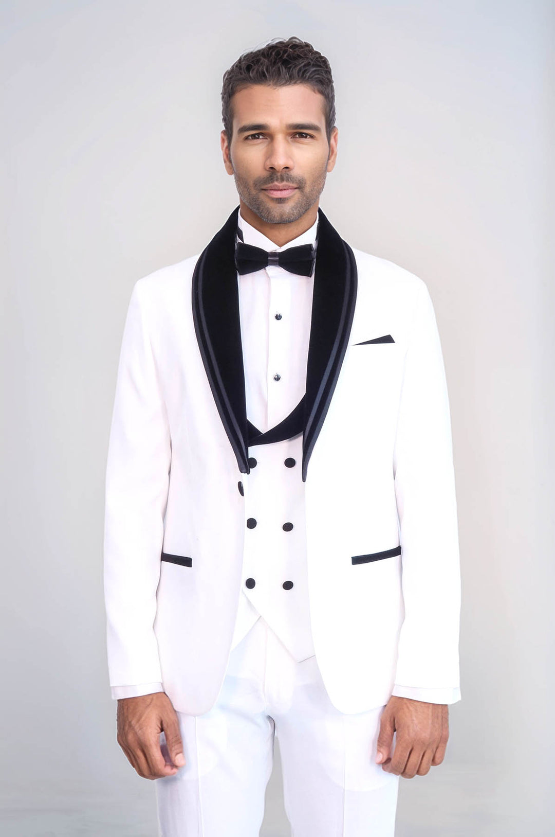 3 Piece Trim Detailed Self-Patterned Velvet Shawl Collar White Men's Tuxedo - Wessi