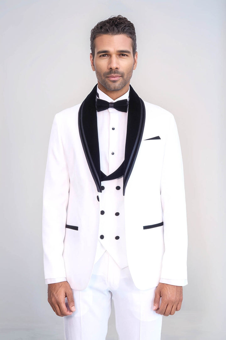 3 Piece Trim Detailed Self-Patterned Velvet Shawl Collar White Men's Tuxedo - Wessi