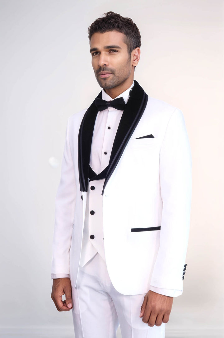 3 Piece Trim Detailed Self-Patterned Velvet Shawl Collar White Men's Tuxedo - Wessi