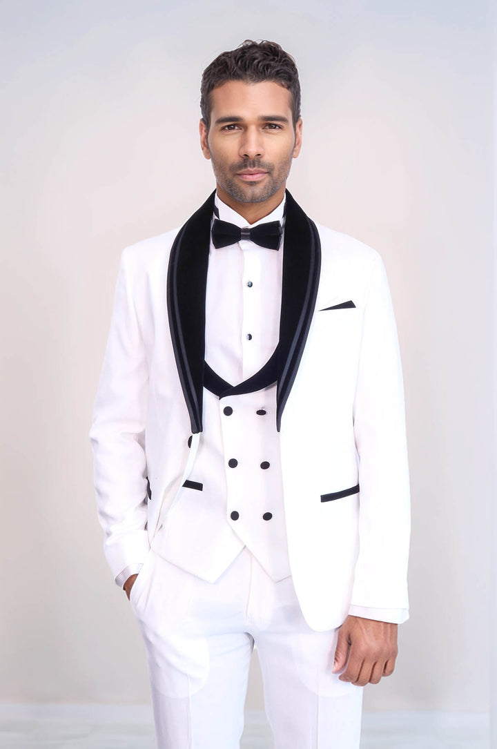 3 Piece Trim Detailed Self-Patterned Velvet Shawl Collar White Men's Tuxedo - Wessi