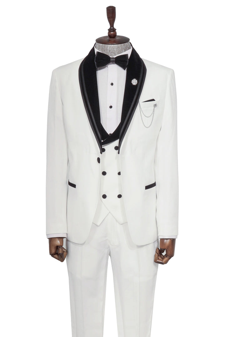 3 Piece Trim Detailed Self-Patterned Velvet Shawl Collar White Men's Tuxedo - Wessi