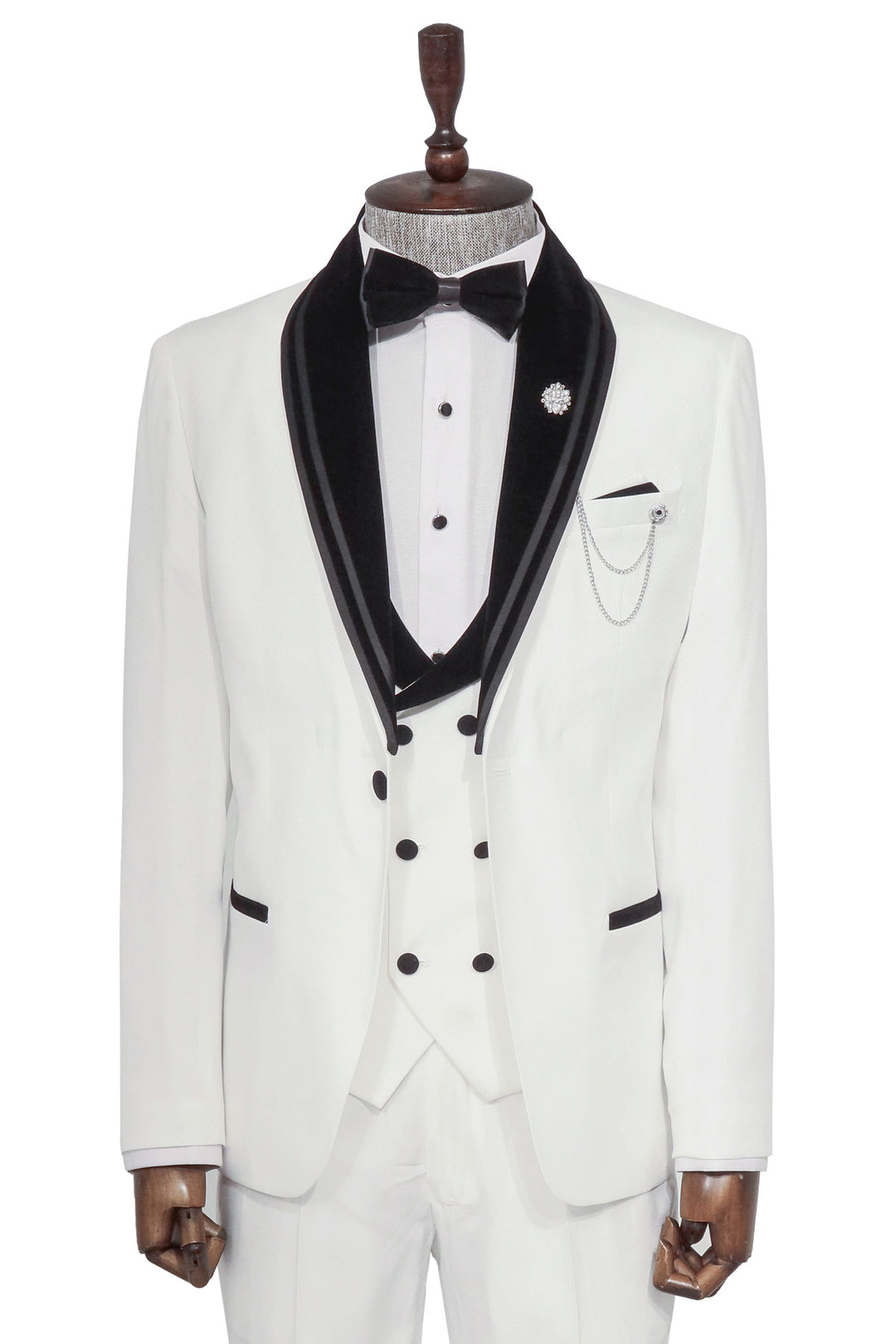 3 Piece Trim Detailed Self-Patterned Velvet Shawl Collar White Men's Tuxedo - Wessi