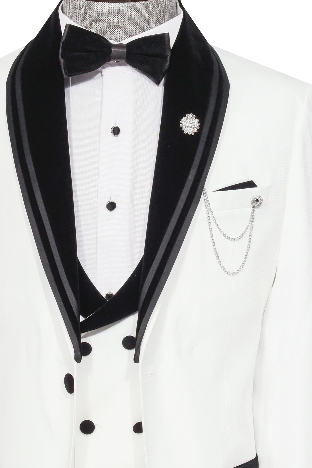 3 Piece Trim Detailed Self-Patterned Velvet Shawl Collar White Men's Tuxedo - Wessi