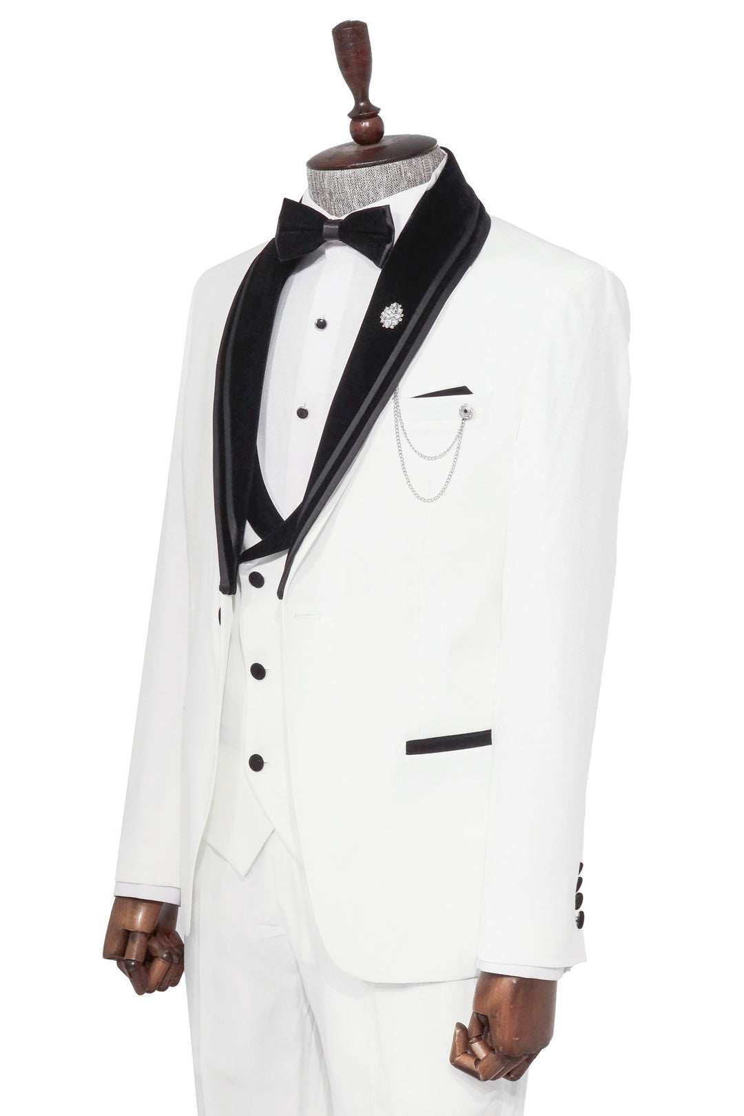 3 Piece Trim Detailed Self-Patterned Velvet Shawl Collar White Men's Tuxedo - Wessi