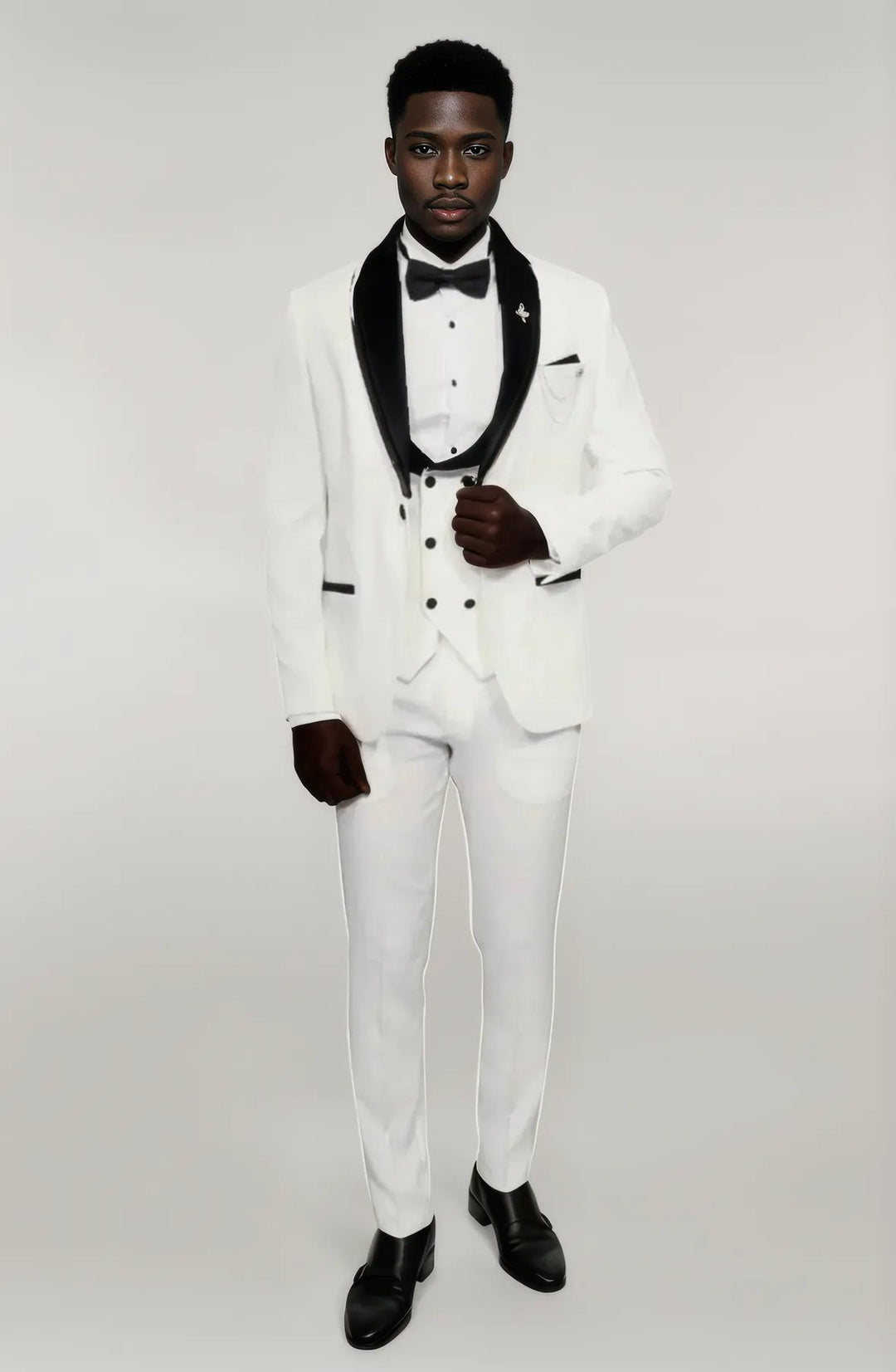 3 Piece Trim Detailed Self-Patterned Velvet Shawl Collar White Men's Tuxedo - Wessi