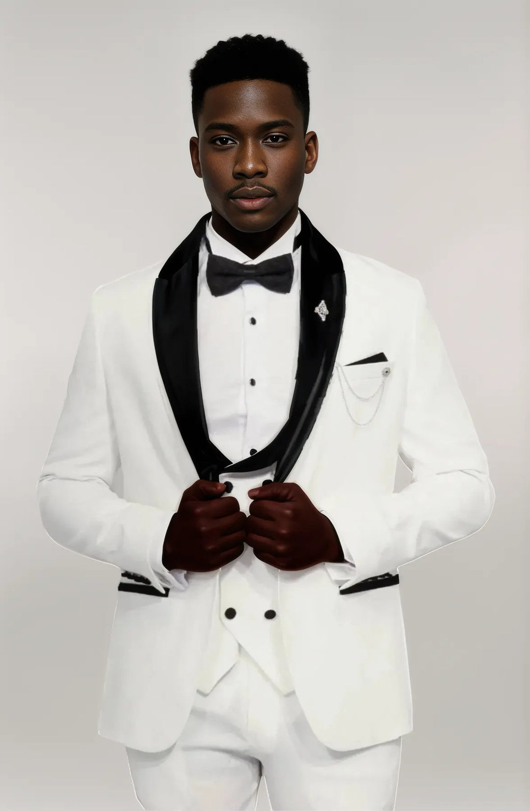 3 Piece Trim Detailed Self-Patterned Velvet Shawl Collar White Men's Tuxedo - Wessi