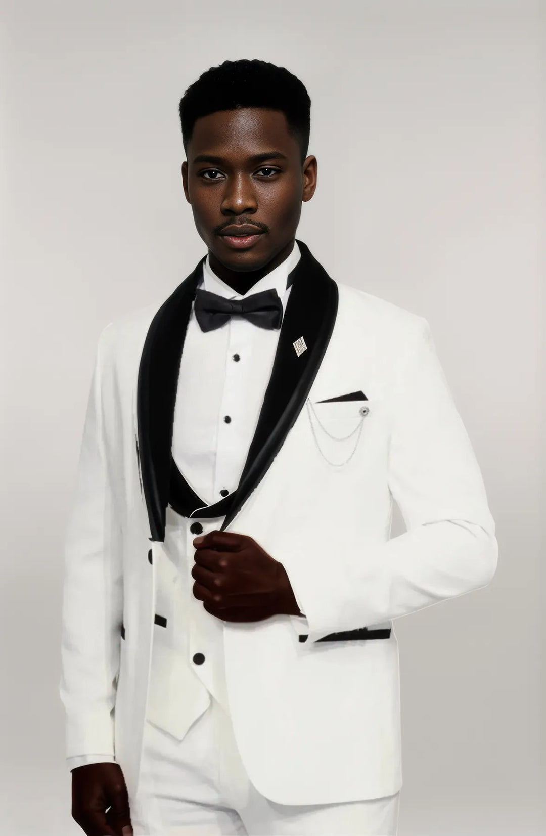 3 Piece Trim Detailed Self-Patterned Velvet Shawl Collar White Men's Tuxedo - Wessi