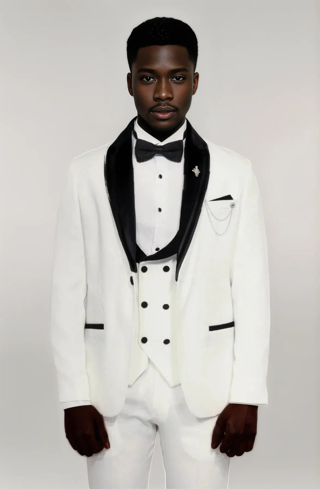 3 Piece Trim Detailed Self-Patterned Velvet Shawl Collar White Men's Tuxedo - Wessi