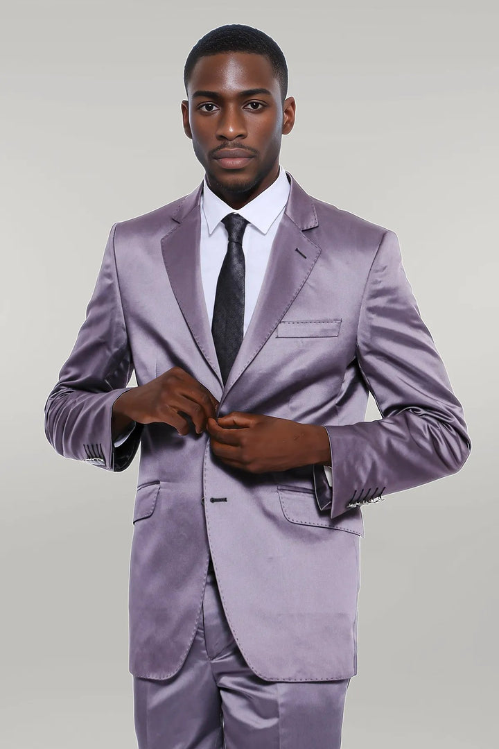 Two Piece Two Buttons Modeled Lapel Satin Grey Men Groom Suit