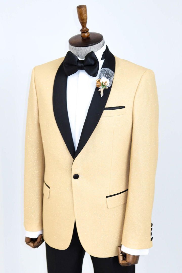 Yellow Shawl Lapel Sparkly Tuxedo Jacket and Trousers Combination - Wessi