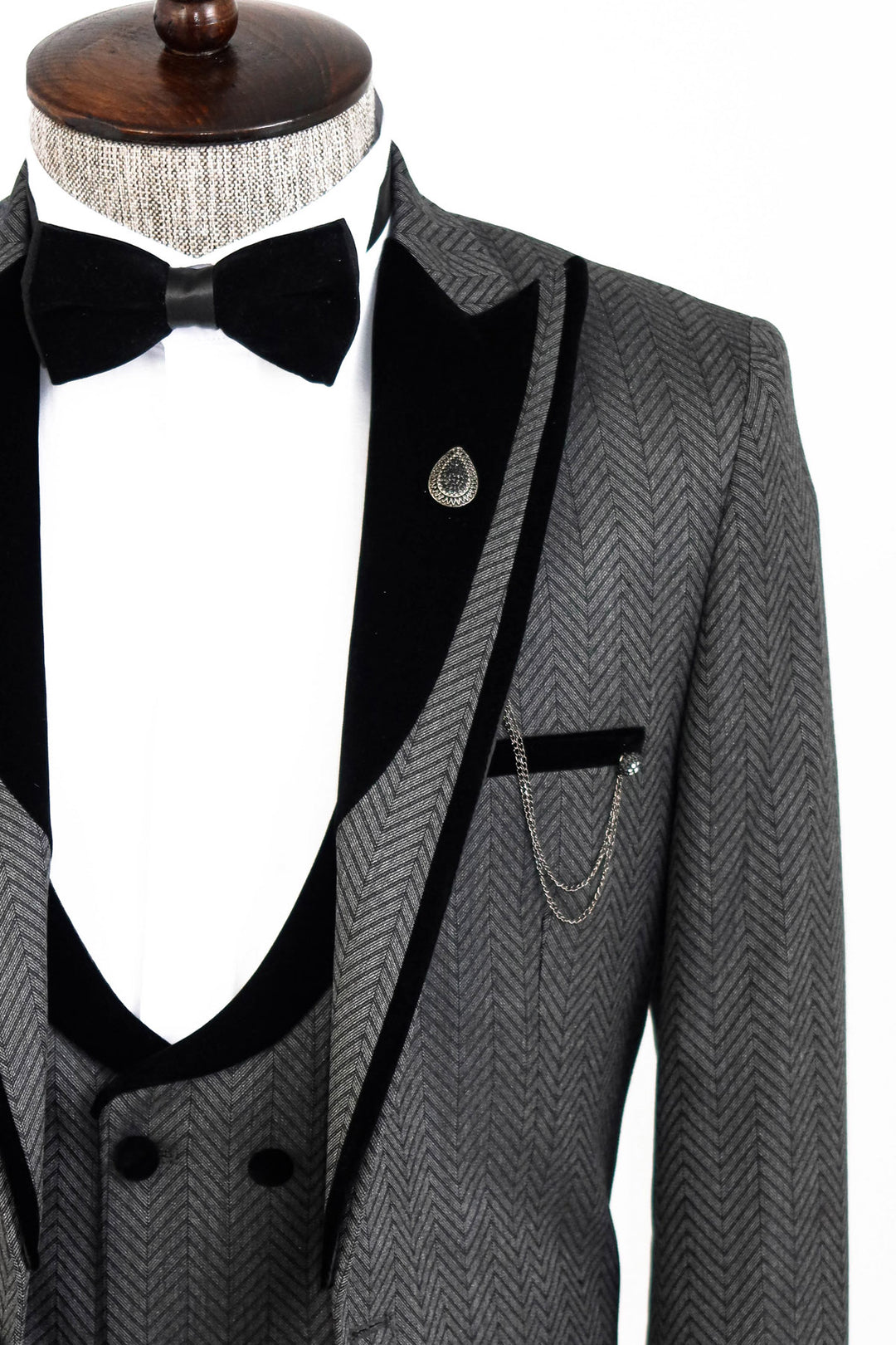 Patterned Velvet Lapel Smoked Men Tuxedo - Wessi