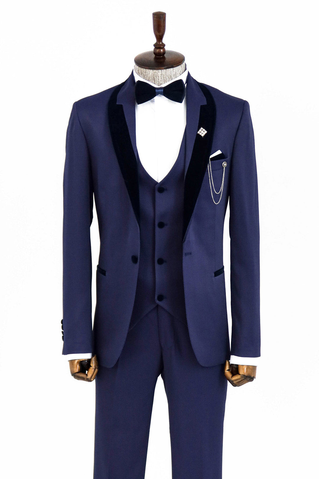 Patterned Navy Blue Velvet Lapel Tuxedo - Wessi