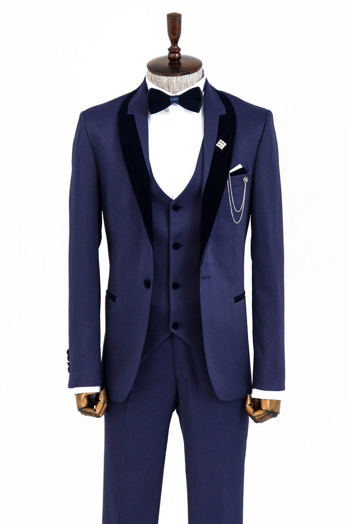 Patterned Navy Blue Velvet Lapel Tuxedo - Wessi