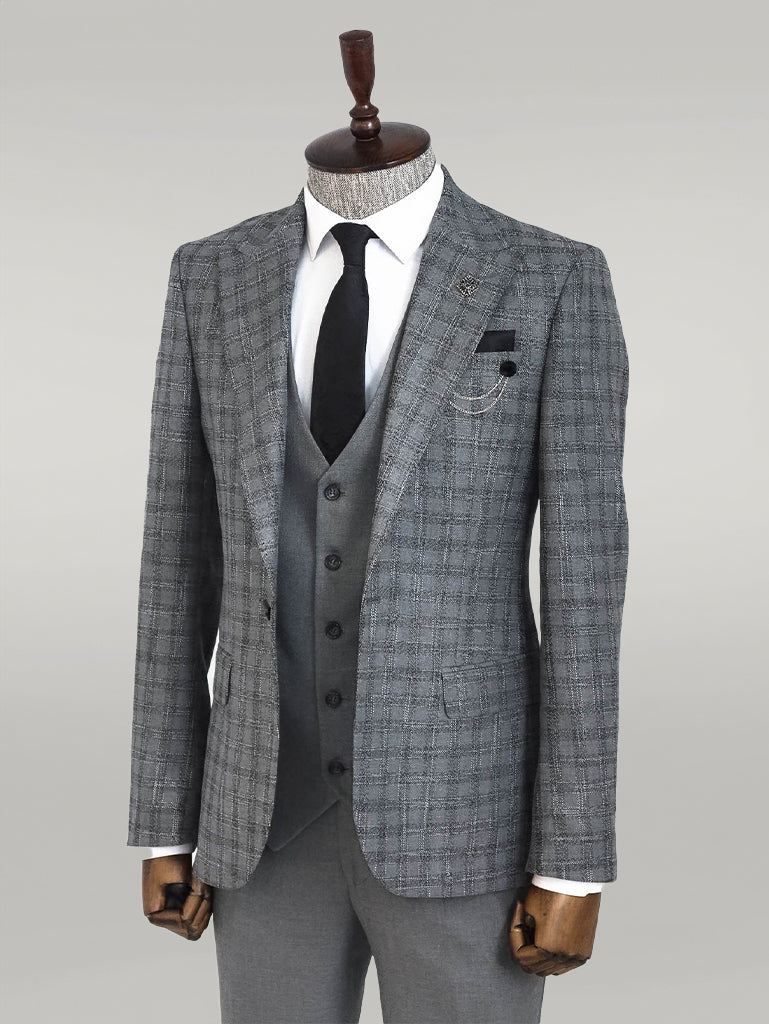 Checked Vested Grey Men Suit - Wessi