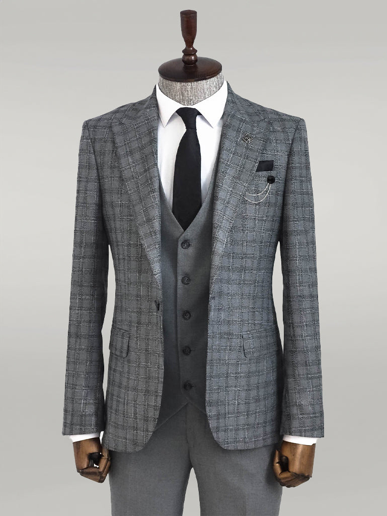 Traje de hombre gris con chaleco a cuadros - Wessi