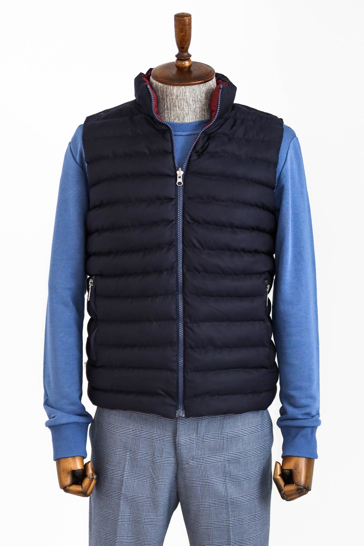 Reversible Quilted Standing Collar Navy Blue Men Down Vest Wessi