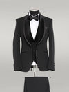 Esmoquin Hombre 3 Piezas Terciopelo Liso Solapa Redonda Elegante Negro con Pajarita - Wessi