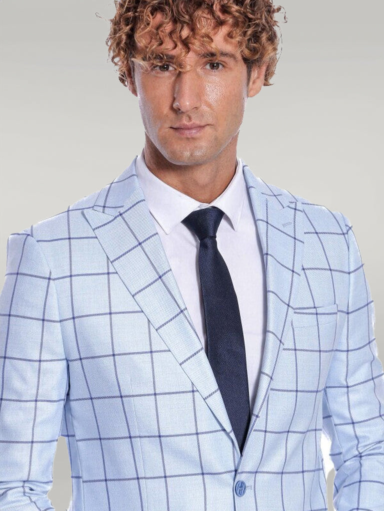 Plaid Slim Fit Light Blue Men Blazer - Wessi