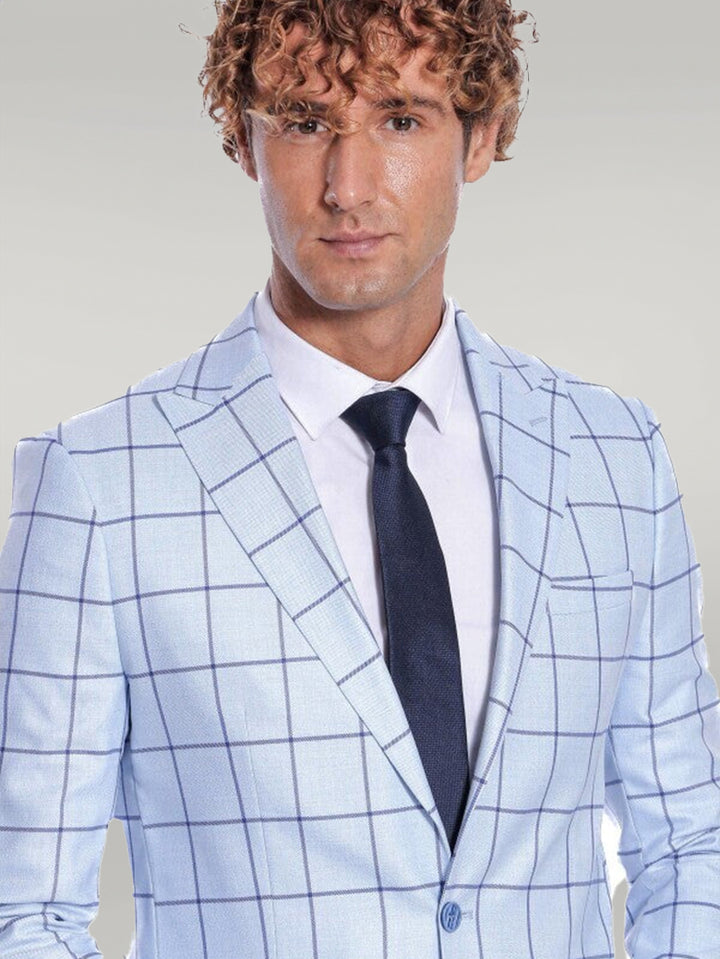 Plaid Slim Fit Light Blue Men Blazer - Wessi