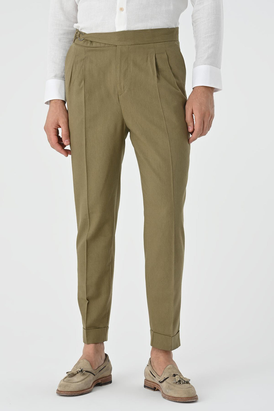 Men's Light Khaki High-Waist Linen Blend Pleated Pants - Wessi