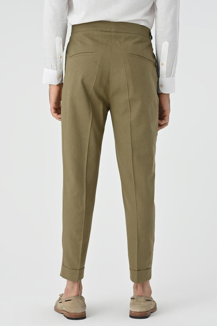 Men's Light Khaki High-Waist Linen Blend Pleated Pants - Wessi