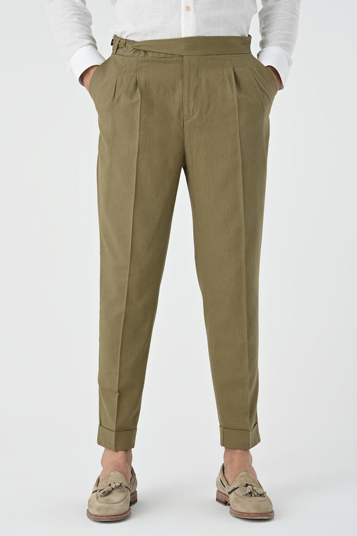 Men's Light Khaki High-Waist Linen Blend Pleated Pants - Wessi