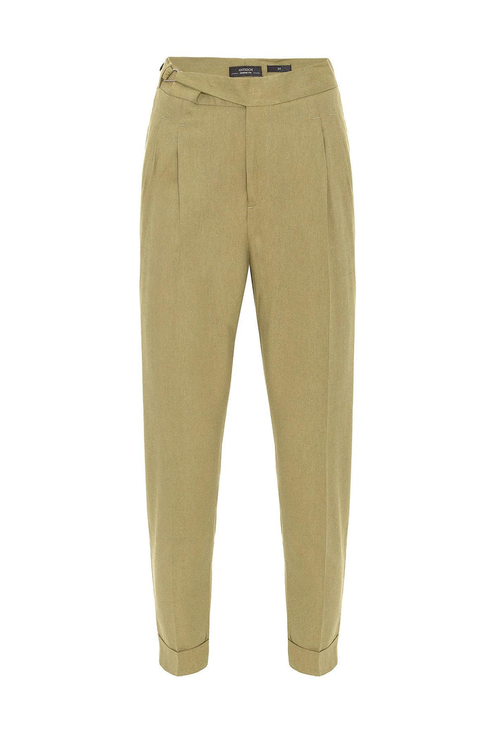 Men's Light Khaki High-Waist Linen Blend Pleated Pants - Wessi