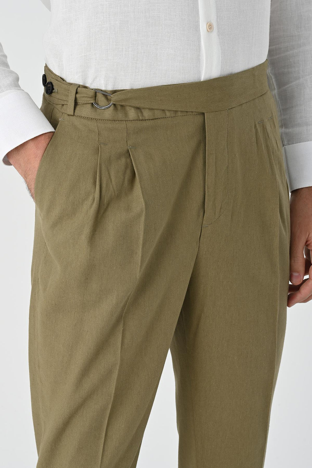 Men's Light Khaki High-Waist Linen Blend Pleated Pants - Wessi