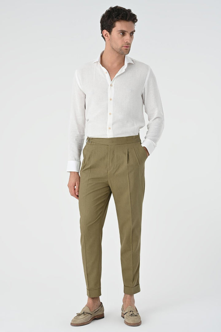 Men's Light Khaki High-Waist Linen Blend Pleated Pants - Wessi