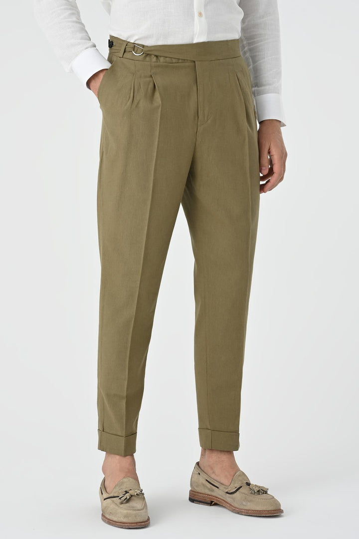 Men's Light Khaki High-Waist Linen Blend Pleated Pants - Wessi