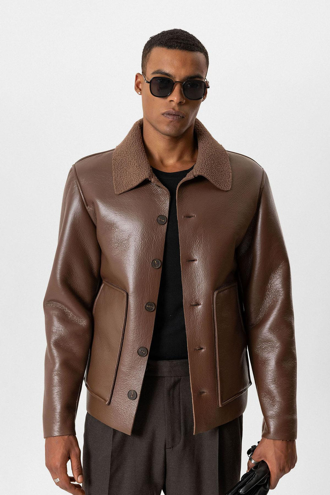 Light Brown Lined Faux Leather Men's Jacket - Wessi