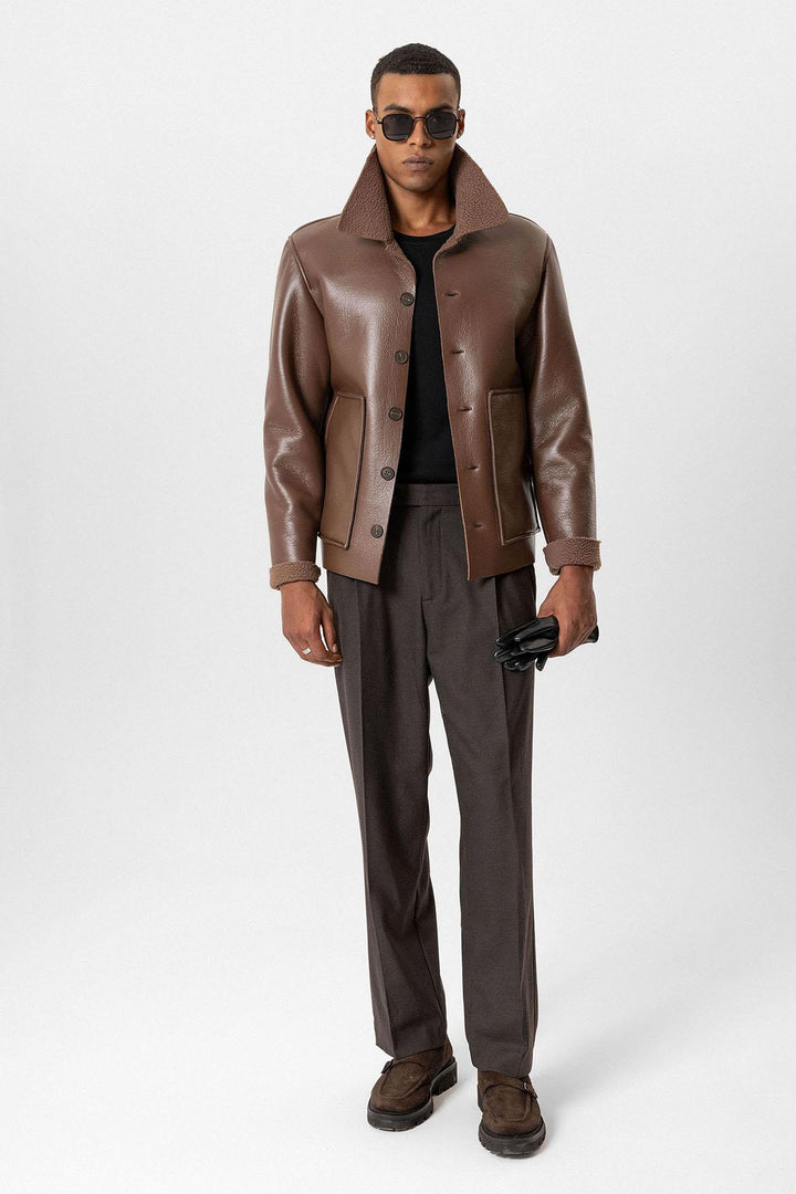 Light Brown Lined Faux Leather Men's Jacket - Wessi