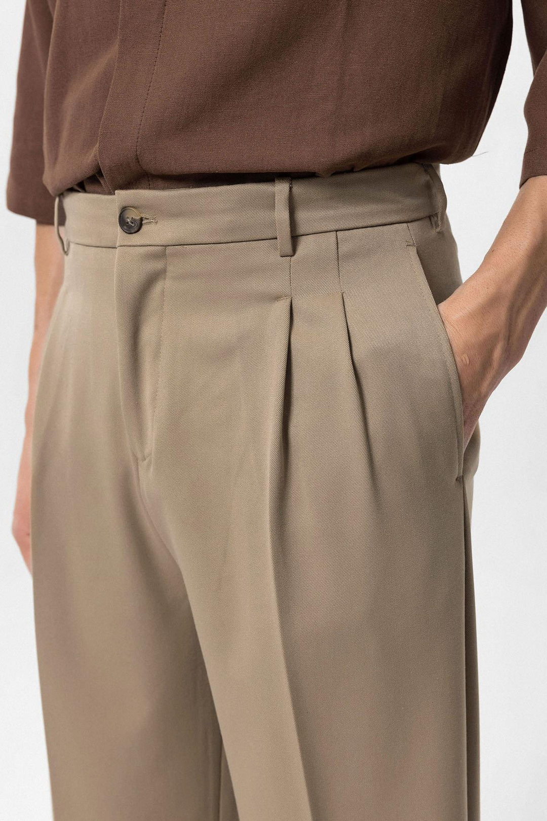 Pantalon Homme Marron Clair Taille Haute Plissé Coupe Décontractée - Wessi