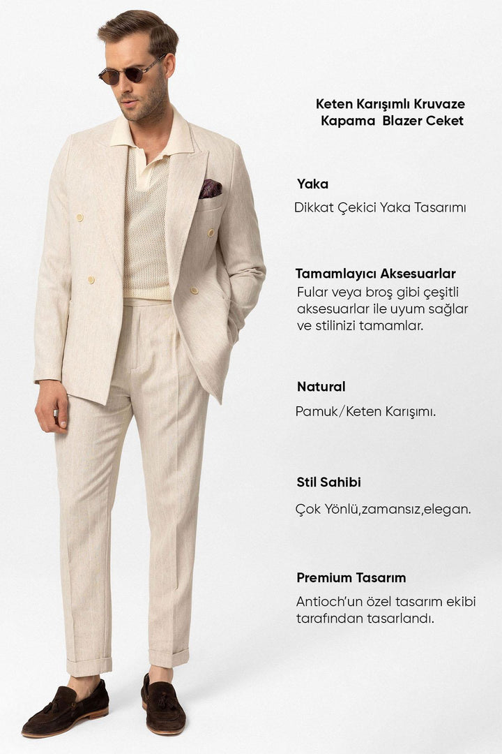 Men's Ecru-White Linen Blend Double-Breasted Jacket - Wessi